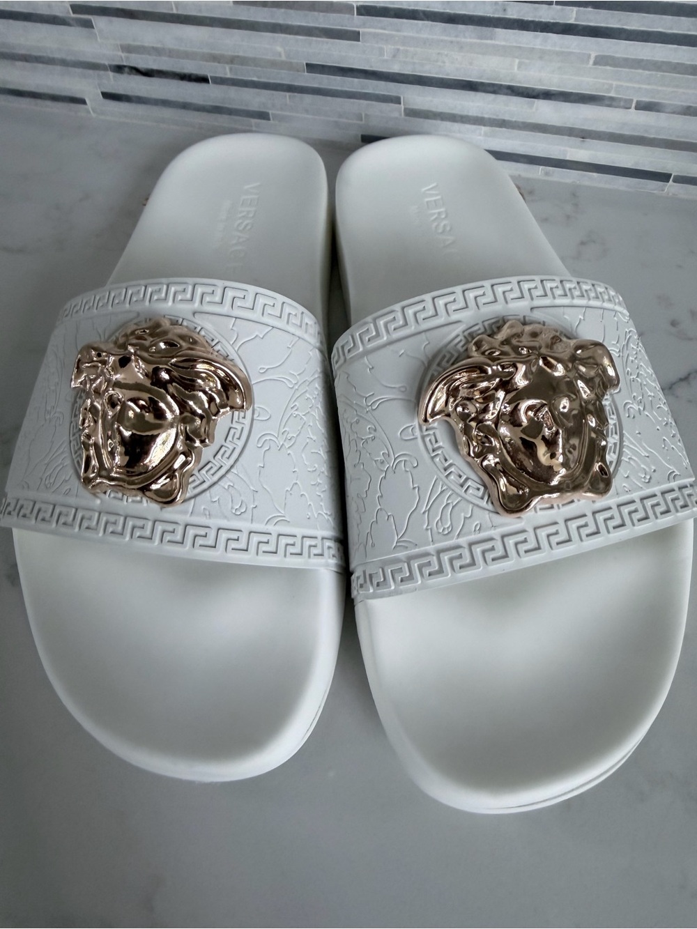 Versace White Slides with Gold Medusa Plaques size 11 - Picture 9 of 16